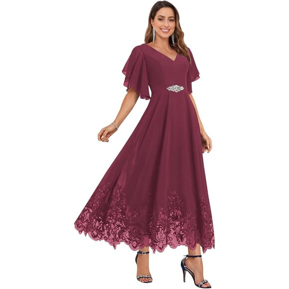 Half Sleeve IllusionTea-length Chiffon Dress Brown